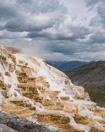 Besides the strong smell of sulfur Mammoth Hot Springs in Yellowstone is solely unique atmosphere OC 