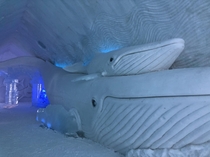 Blue whale sculpture in the Ice Hotel in Quebec Canada