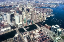 Boston MA Waterfront aerial view from A flying over Fort Point Channel