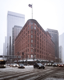 Brown Palace Hotel on a snowy day in Denver 