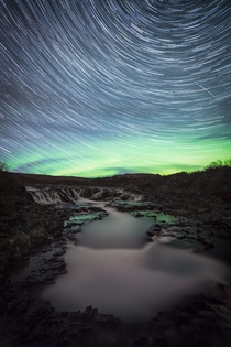 Bruarfoss Iceland topped by Star-trails and Aurora Borealis 
