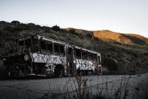 Burned-out Bus covered with Graffiti Los Angeles CA 