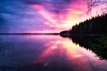 Burning sunset at Karelian lake Glubokoe vintage filmscan Russia 