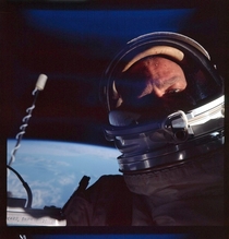 Buzz Aldrin in the first ever space selfie during an EVA on the Gemini  mission in  