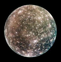 Callisto the third-largest moon in the solar system is tidally locked in its revolution around Jupiter so that Jupiter remains stationary in Callistos sky Photo taken in  as the Galileo space probe flew by 