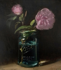 Camellias in a Vintage Ball Jar - My oil painting