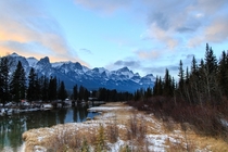 Canadian Rockies at sunset on the Bow River 