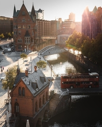 Canal at the Speicherstadt warehouse district Hamburg Germany 