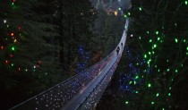Capilano Suspension Bridge decorated in Christmas lights in North Vancouver British Columbia 