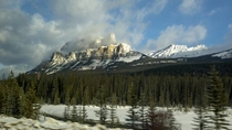 Castle Mountain and Helena Peak Alberta Cool shot my brother took with his Droid traveling west on AB- on the way to Panorama 