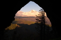 Cave framing Mount Jefferson Oregon -- 