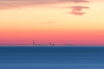 Chicago skyline from about  miles across Lake Michigan in Michigan