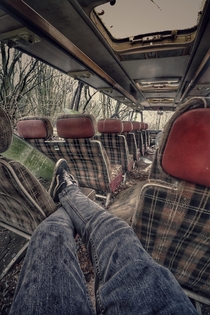 Chilling in an Abandoned Bus in Medlars Scrapyard Very well known area around Norfolk UK I believe very soon these will be discarded and used for parts unfortunately Still managed a few explores here though 