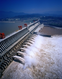 Chinas Three Gorges Dam m long discharging a torrent of water 