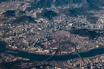 City surrounded by mountains downtown Seoul South Korea 