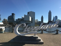 Cleveland Sign with the skyline behind it in CLE Ohio 