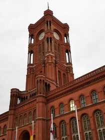 Clock tower of the Rotes Rathaus Red City Hall in Berlin designed by Hermann Friedrich Waesemann 