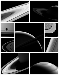 Collage of the latest images of Saturn and its moons from Cassini 