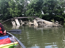 Collapsed train bridge in the river