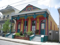 Colorful double shotgun house Rampart St in Bywater New Orleans 