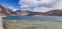 Colorful water of the worlds highest salt water lake the Pangong lake Ladakh India 
