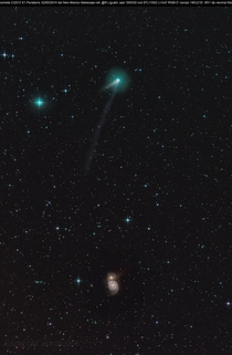 Comet C K PANSTARRS inward bound shown about  degrees north of the interacting galaxy MThe comet may become visible to the naked eye in October 