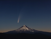 Comet Neowise Rises Over the Lights of Climbers on Mt Hood  x