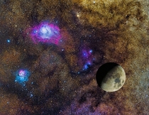 Composite image of the Moon compared to the Lagoon and Trifid Nebulae  hour exposure 
