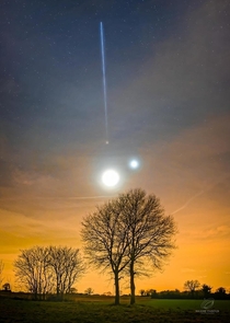 Crescent Moon Venus and Fainter Mars The trio appeared to be joined by the bright streak of International Space Station The image credit goes to Maxime Oudoux