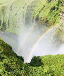 Double Rainbow formed by Skogafoss Waterfall Iceland 