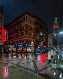 Downtown Cleveland OH on a rainy night 