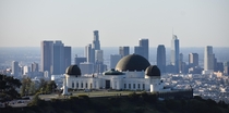 Downtown Los Angeles and the Griffith Observatory from Mount Hollywood shortly after sunrise this morning 