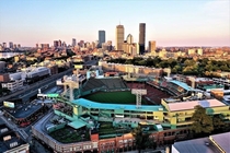 Drone shot over Fenway and Back Bay Boston