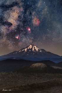 Eagle Nebula Swan Nebula and Milky Way setting over Mt Shasta -- yes this is real and taken from far to the east with a telephoto lens 