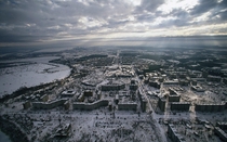 Eerie Aerial Shot of deserted Pripyat Ukraine Chernobyl