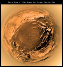 Eight years ago today a European probe landed on Titan here a fish-eye aerial view of Huygens landing site 