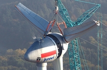 Enercon E-  megawatt wind turbine in its final stages of assembly 