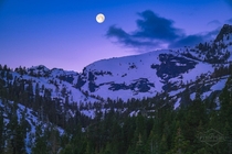 Enjoy this calming moonset behind the mountains that surround Lake Tahoe California 