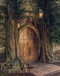 Entrance of the th century St Edwards Church flanked by yew trees Stow-on-the-Wold Gloucestershire South West England