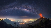 Erupting Volcano in Front of the Milky Way - Antigua Guatemala Guatemala 