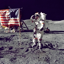 Eugene A Cernan Commander Apollo  salutes the flag on the lunar surface during extravehicular activity EVA on NASAs final lunar landing mission -- December   