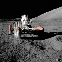 Eugene Cernan riding the Lunar Rover during the Apollo  mission  xpost rTechnologyPorn