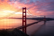 Explosive sunrise overlooking the Golden Gate Bridge and the city of San Francisco