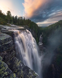 Extreme waterfall power after heavy rain Buskerud Norway 