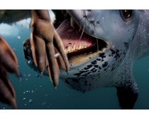 Female leopard seal Hydrurga leptonyx attempts to feed a penguin to underwater photographer Paul Nicklen 
