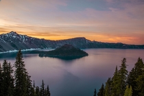 Fiery sunset at Crater Lake OR - forest fires turned the entire sky pinkredorange 