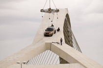 Filming an ad on the Third Millennium Bridge Zaragoza Spain 