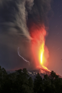 Fire and lightning above an erupting volcano in Villarrica Chile 