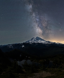Fire Watch Views- Milky Way over Mt Rainier WA from the deck of the Tolmie Peak Fire Lookout 