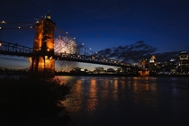 Fireworks over the Roebling Suspension Bridge on the Ohio River 